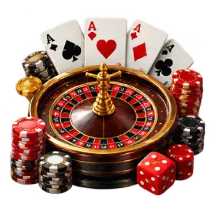 Trò chơi casino với roulette, bài và chip tại W88